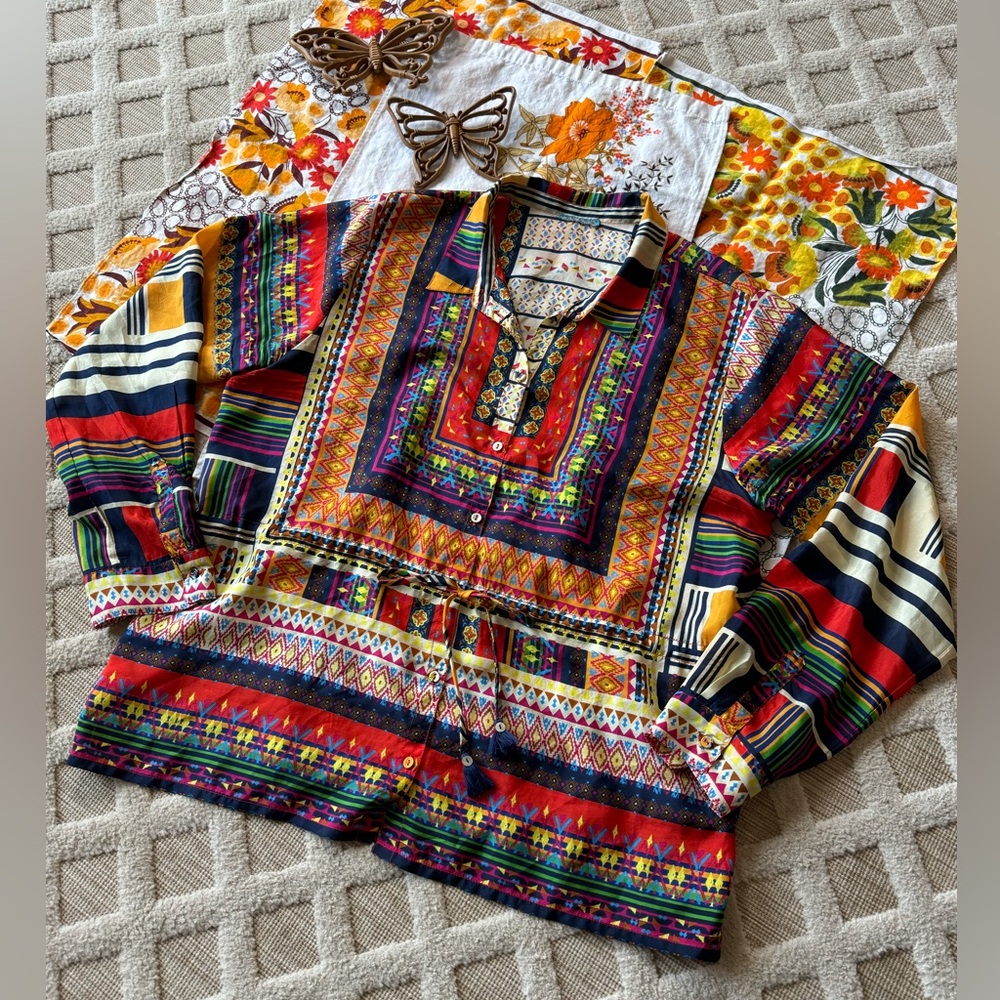 Johnny Was Multi Media 100% Silk Button Up Tunic Top Bohemian Beach Cover Up Fun